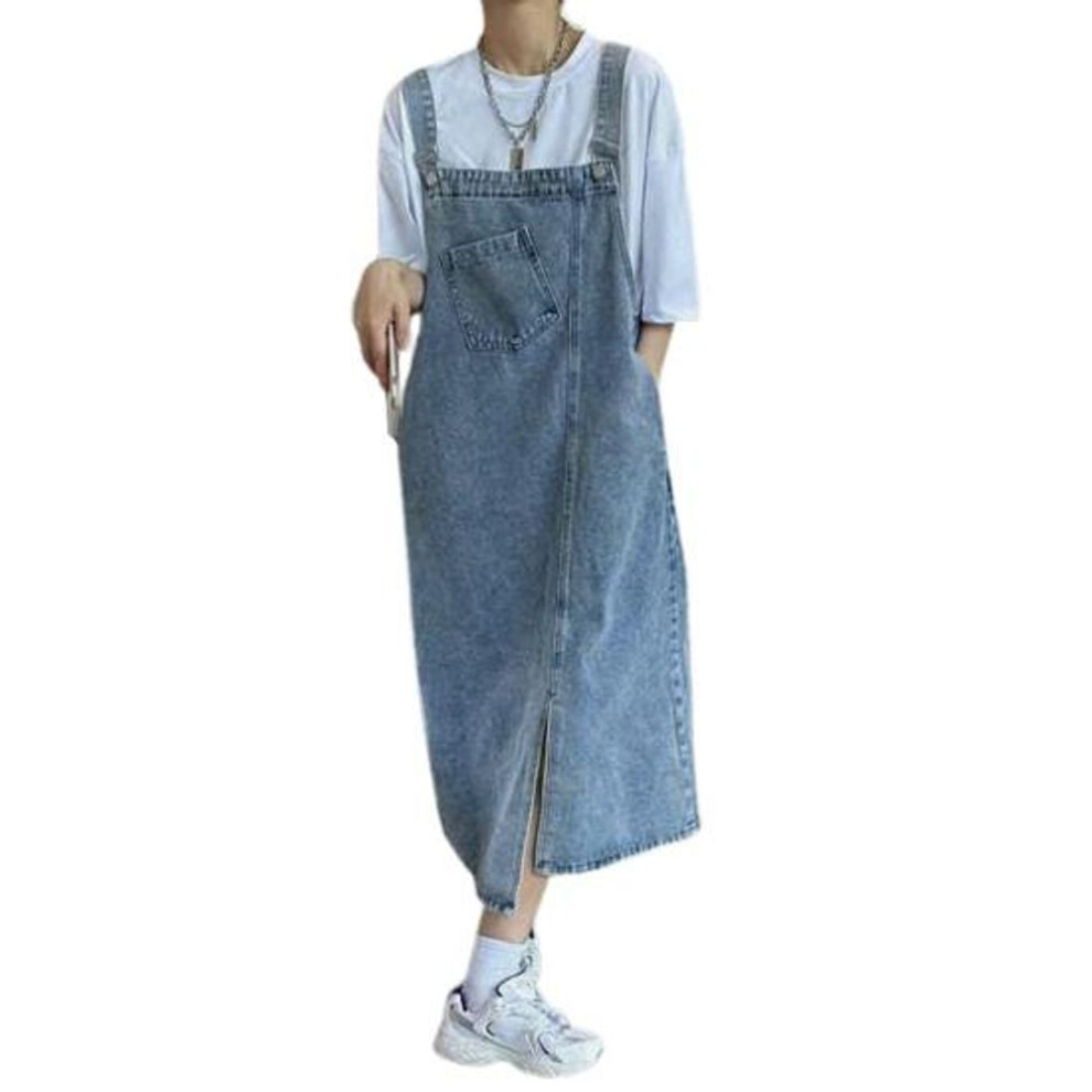 (light blue, XL) Suspender Denim Dress Loose Collarless Backless Sleeveless Side Pockets Split Hem Solid Color Adjustable Shoulder Student Midi Dress