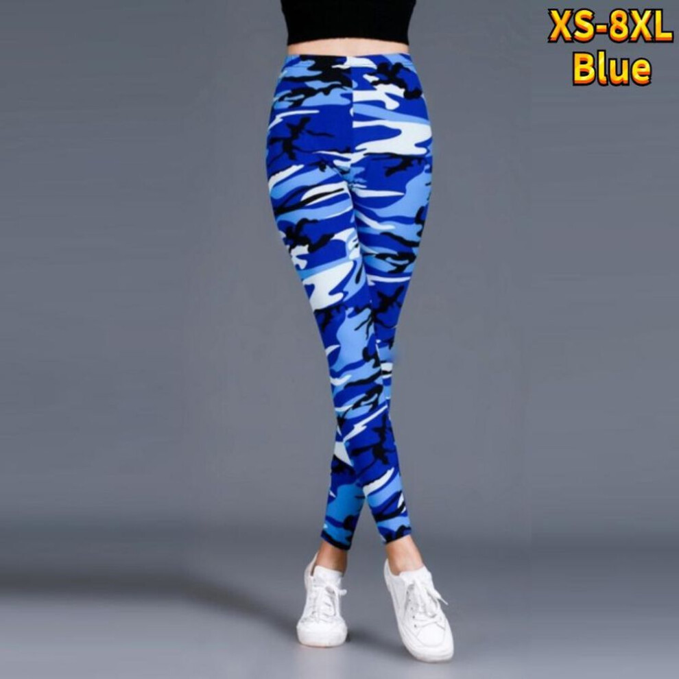 (blue, S) Womens Khaki Camouflage Prints Stretch Yoga Leggings Fitness Running Gym Sports Active Pants