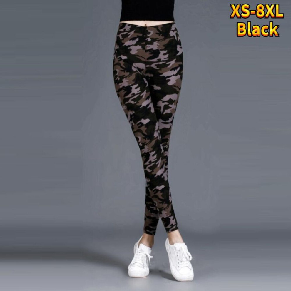 (black, 2XL) Womens Khaki Camouflage Prints Stretch Yoga Leggings Fitness Running Gym Sports Active Pants