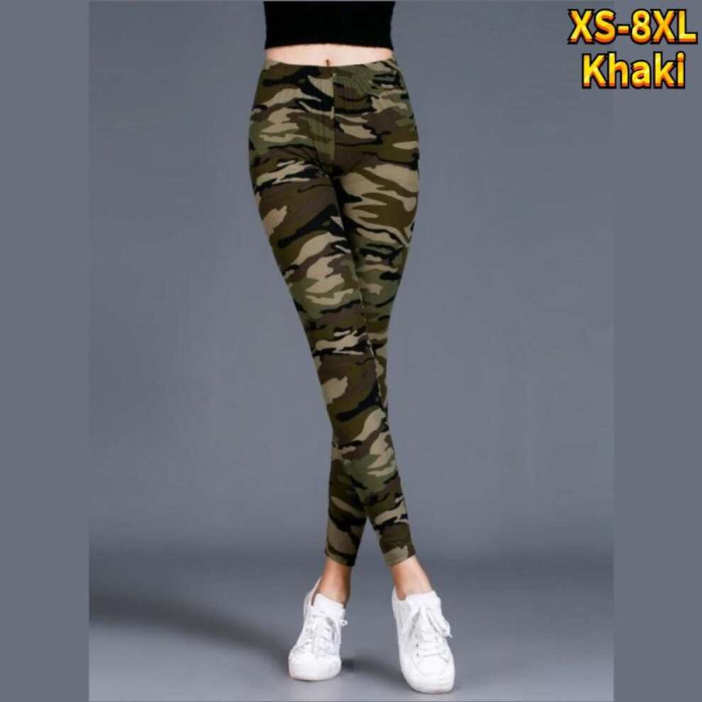 (khaki, 2XL) Womens Khaki Camouflage Prints Stretch Yoga Leggings Fitness Running Gym Sports Active Pants