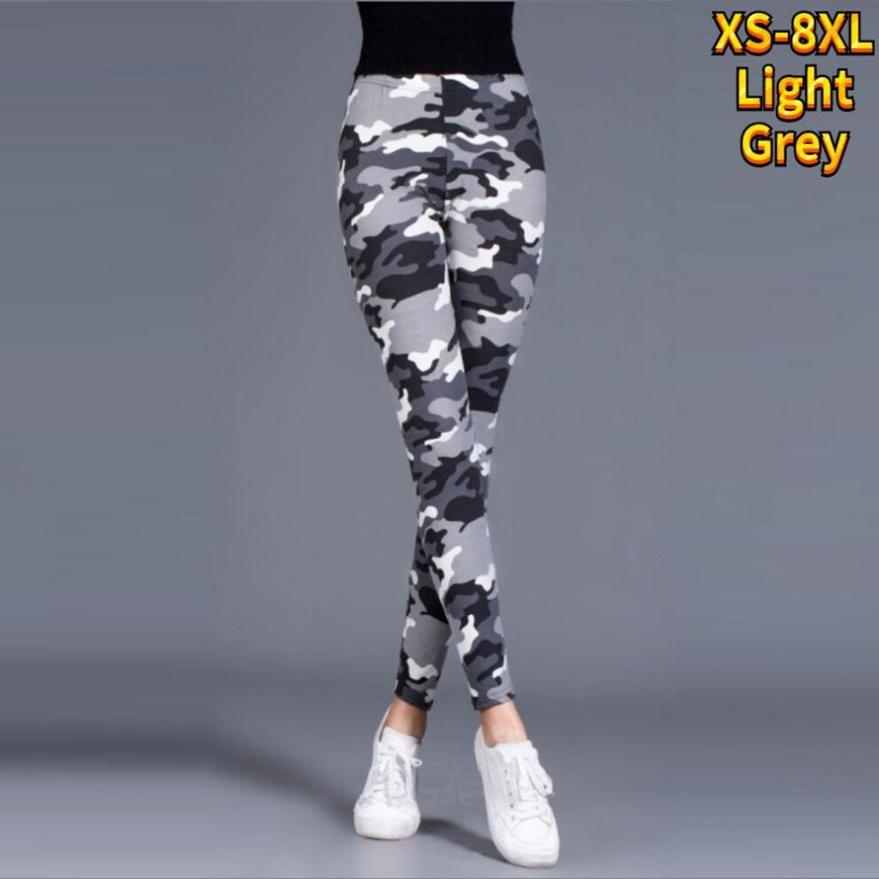 (light grey, 2XL) Womens Khaki Camouflage Prints Stretch Yoga Leggings Fitness Running Gym Sports Active Pants