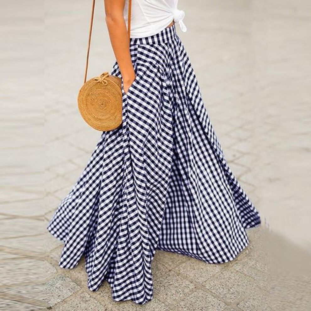 (navy blue, XXXL) S-5xl Fashion Women High Waist Pleated Maxi Skirts Pockets Plaid Long Dress