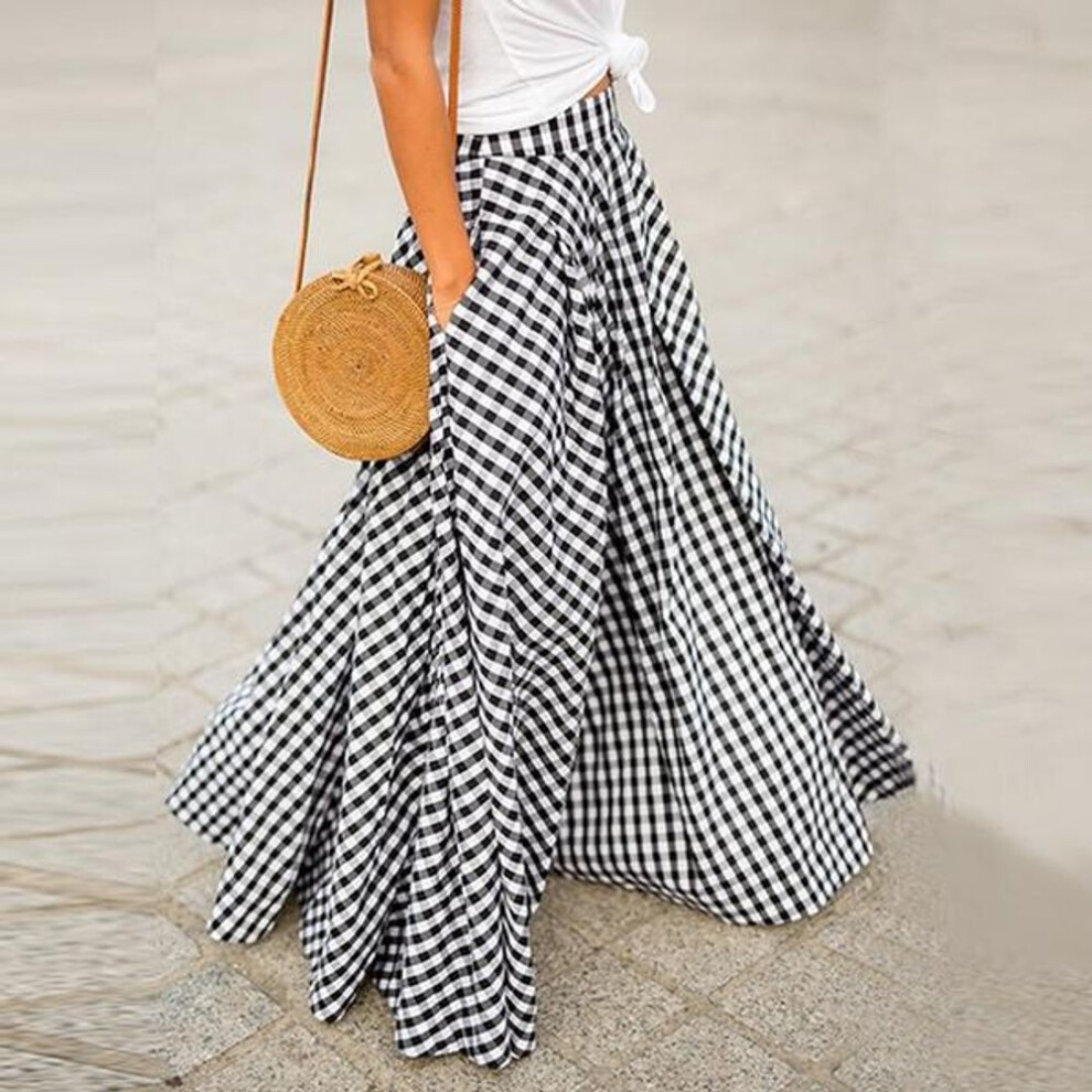 (black, XL) S-5xl Fashion Women High Waist Pleated Maxi Skirts Pockets Plaid Long Dress