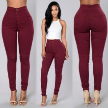 (burgundy, M) Leggings Thin High-rise Stretch Pencil Pants Skinny Jeans