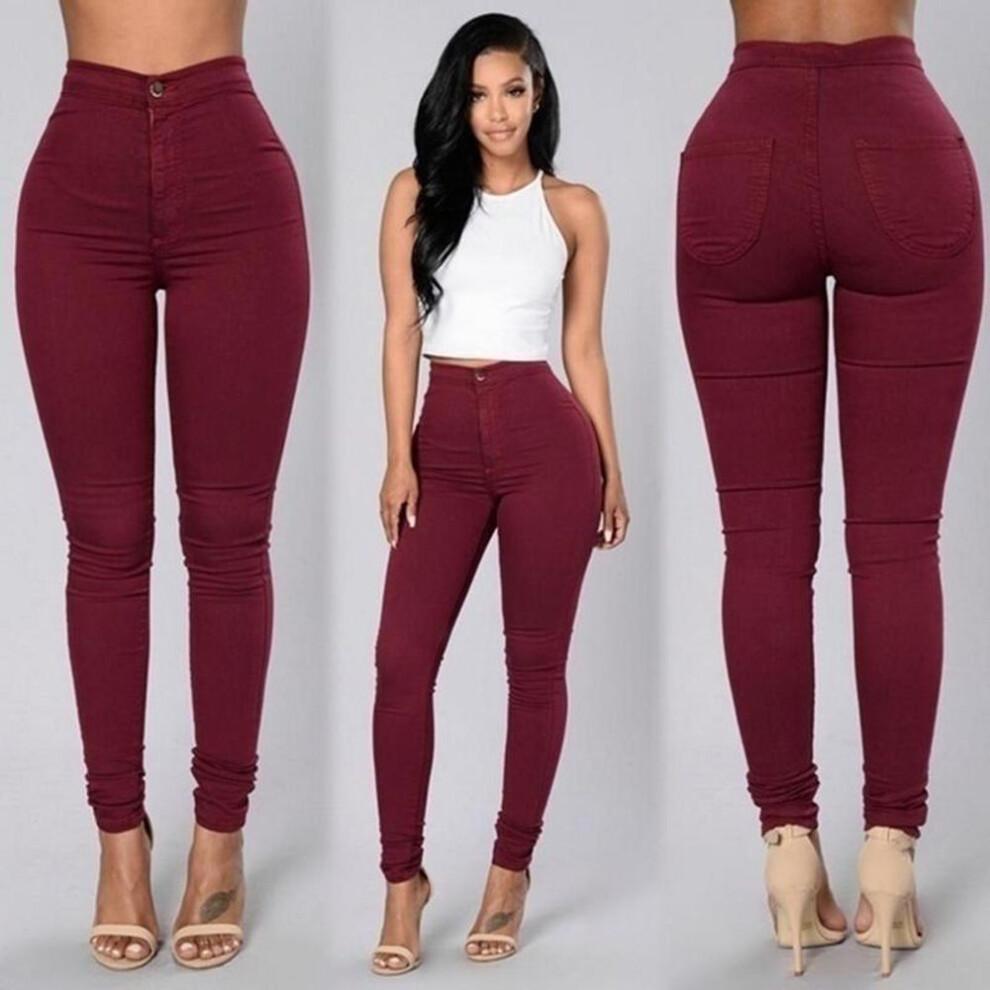 (burgundy, L) Leggings Thin High-rise Stretch Pencil Pants Skinny Jeans