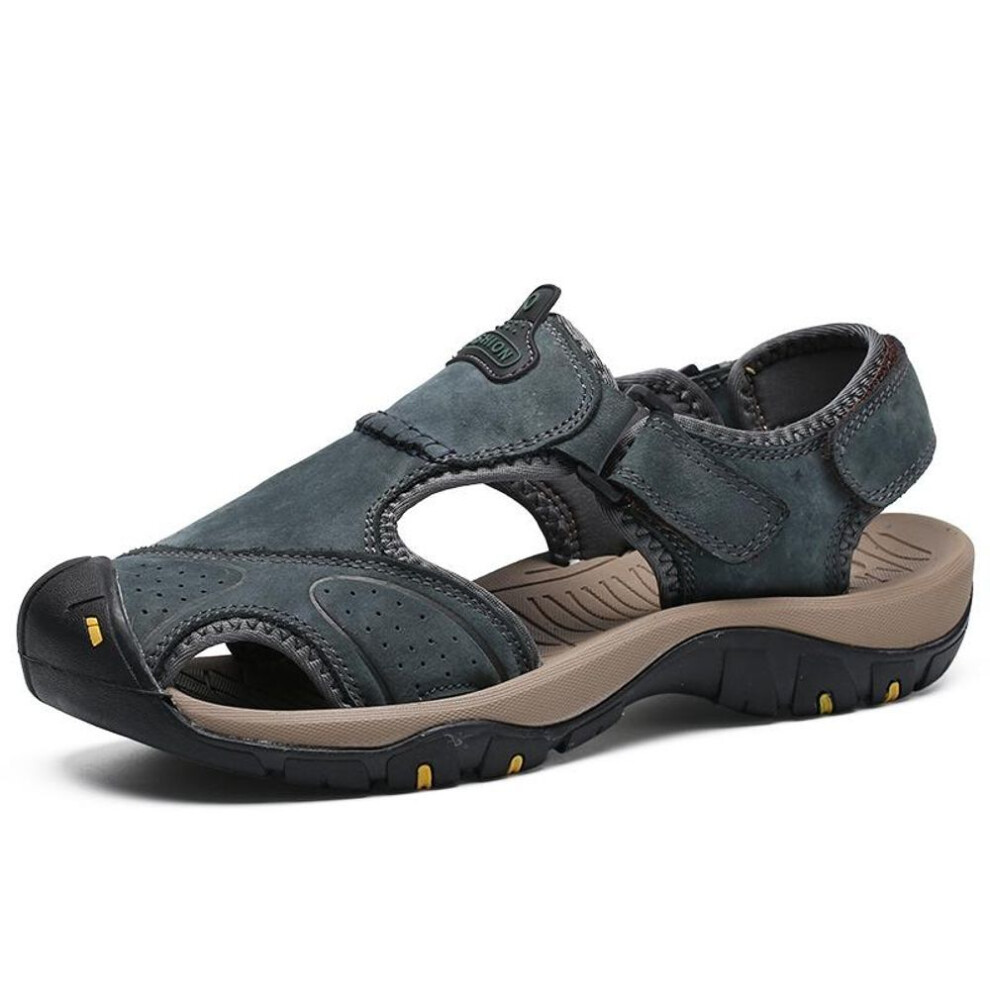 (blue, 46) Men&apos;s Leather Sandals Summer Hiking Outdoor Water Beach Shoes Non-slip Soft Man Casual Sports Sandals Platform Wading Sneakers