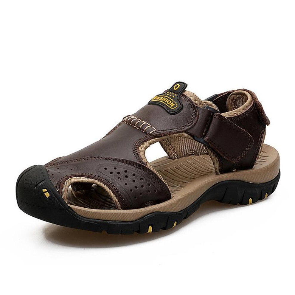 (bronze, 44) Men&apos;s Leather Sandals Summer Hiking Outdoor Water Beach Shoes Non-slip Soft Man Casual Sports Sandals Platform Wading Sneakers