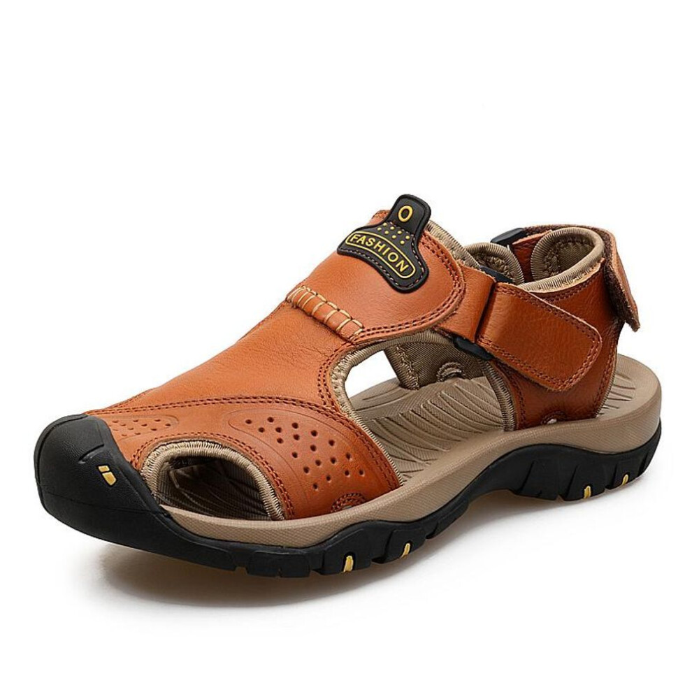 (brown, 41) Men&apos;s Leather Sandals Summer Hiking Outdoor Water Beach Shoes Non-slip Soft Man Casual Sports Sandals Platform Wading Sneakers