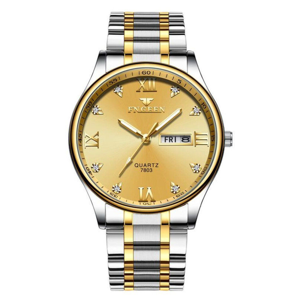 (gold) Luxury Brand Watch Men Stainless Steel Diamond Quartz Watch Analog Display Date Week Wrist Watches
