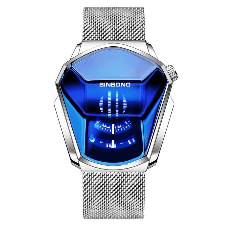 (silver,blue, mesh band) Fashion Cool Locomotive Mens Watches Top Brand Luxury Quartz Gold Wristwatch Men Waterproof Geometric Shape Clock