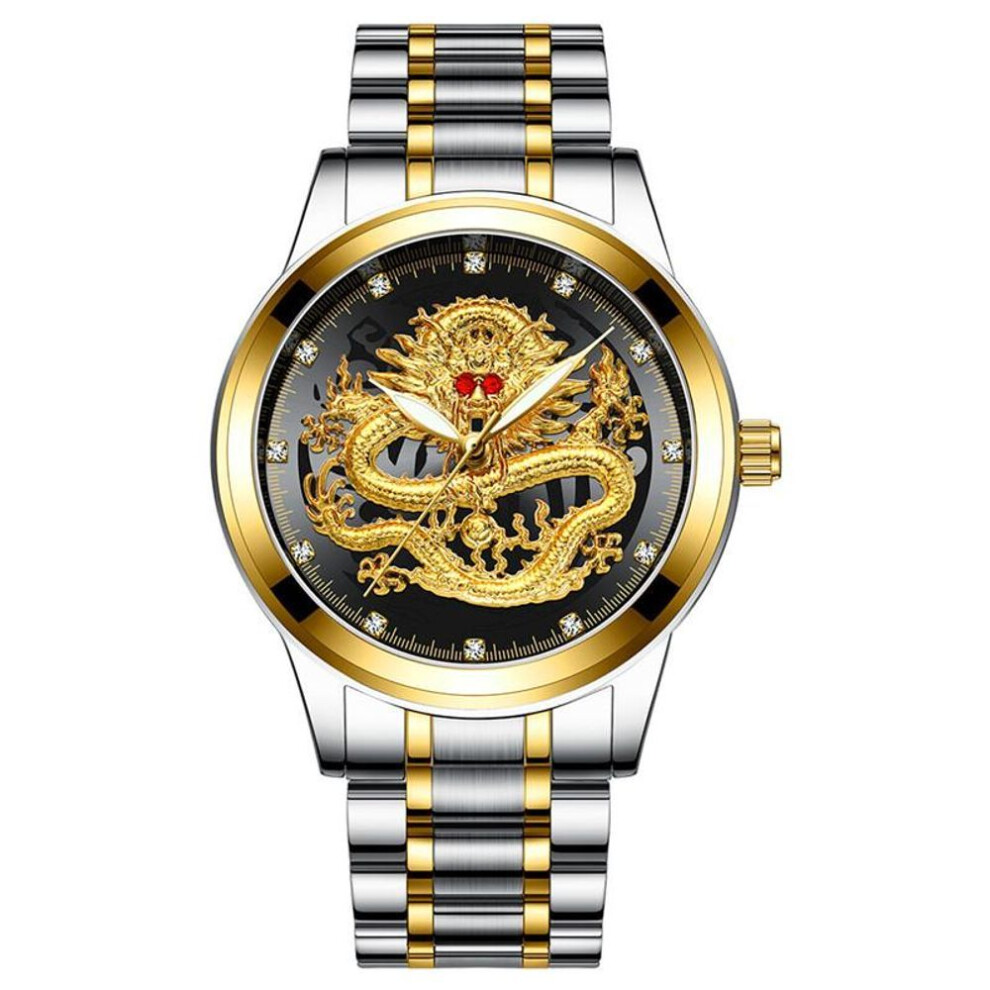 (gold,black) Fashion Casual Men Waterproof Business Quartz Watch Luxury Brand Rhinestone Red Eyes Dragon Relojes