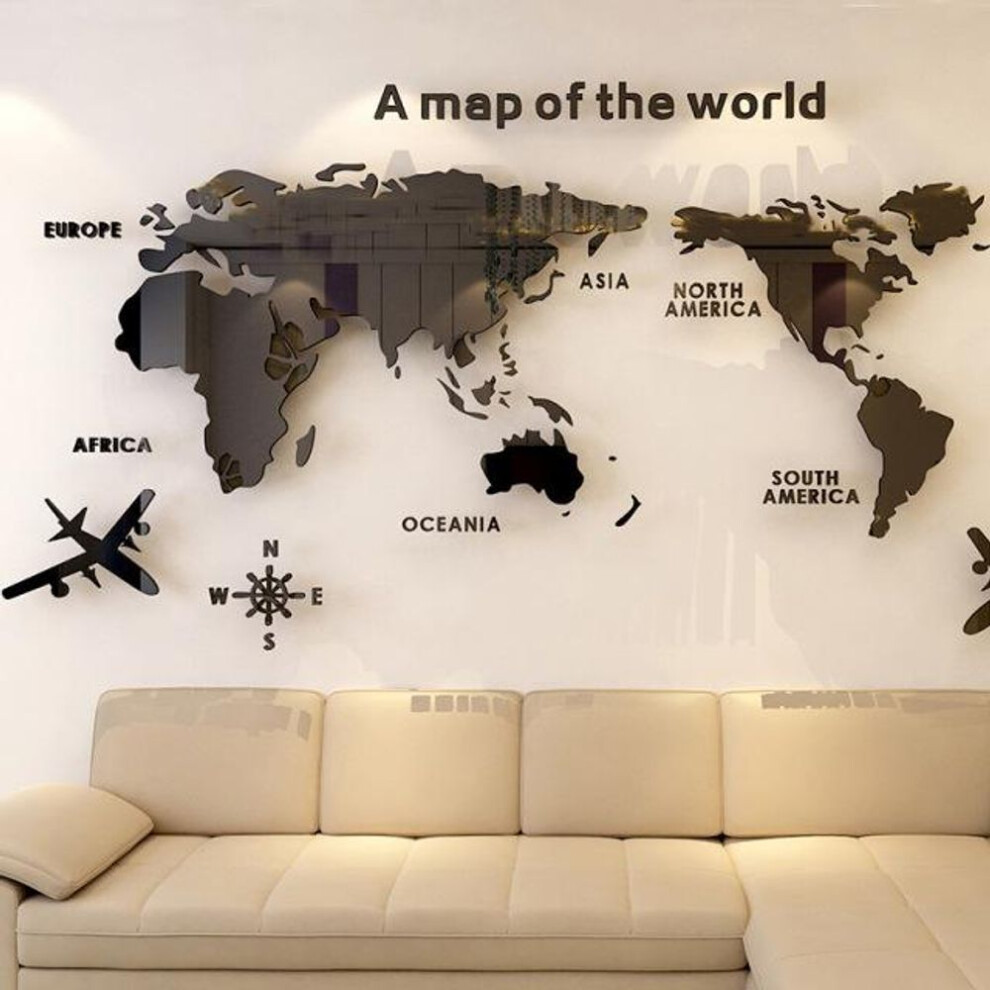(black, L) Acrylic 3D Home Decor World Map Wall Stickers Creative Home Living Room TV Background Wall Stickers