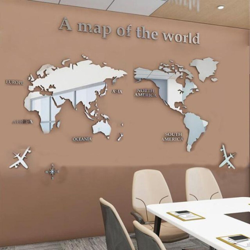 (silver, M) Acrylic 3D Home Decor World Map Wall Stickers Creative Home Living Room TV Background Wall Stickers