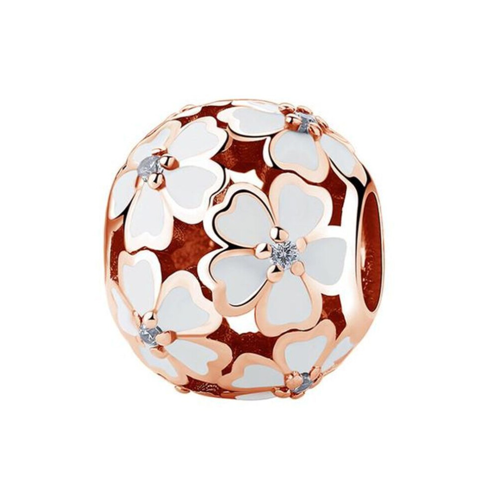 (rose gold) 925 Sterling Silver Bead White Pink Enamel Primrose Meadow Charm Fit Bracelet Necklace DIY Women Jewelry