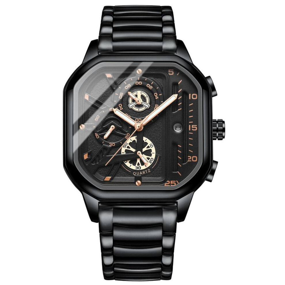 (rose gold,black) New Black Square Men&apos;s Watch Stainless Steel Multifunctional Sports Chronograph Quartz Watch Running Seconds Calendar