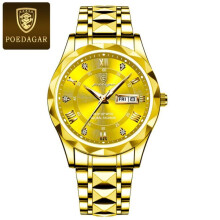 (gold) New Top Brand Luxury Man Wristwatch Waterproof Luminous Date Week Men Watches Stainless Steel Quartz Men's Watch Male