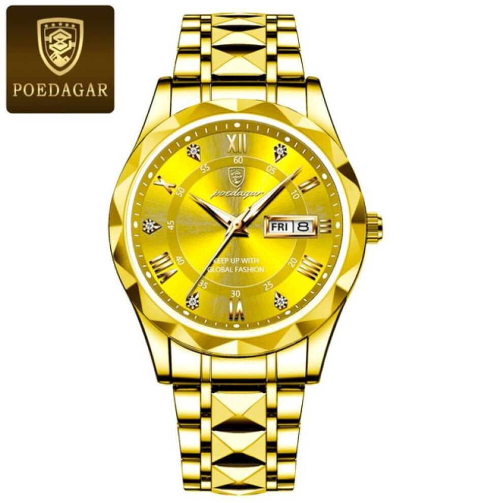 Poedagar (Gold) New Top Brand Luxury Man Wristwatch Waterproof Luminous Date Week Men Watches Stainless Steel Quartz Men's Watch Male Gold