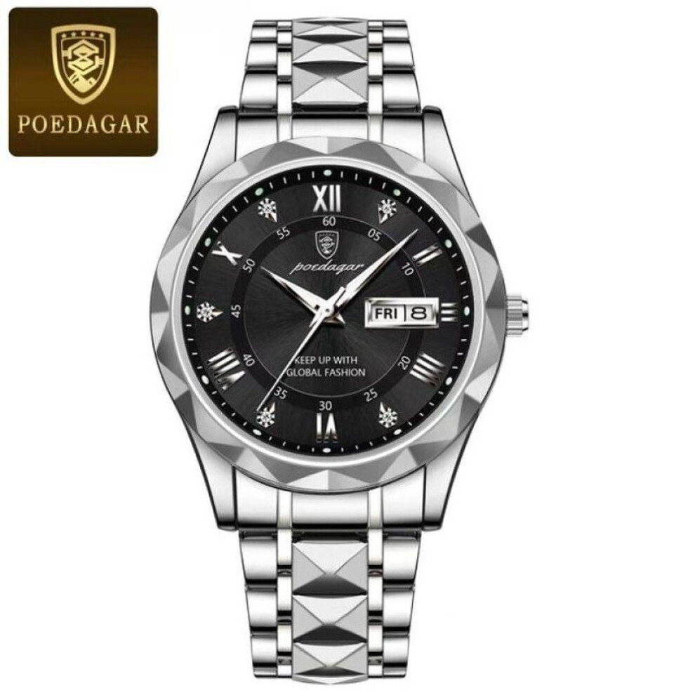 (silver,black) New Top Brand Luxury Man Wristwatch Waterproof Luminous Date Week Men Watches Stainless Steel Quartz Men's Watch Male