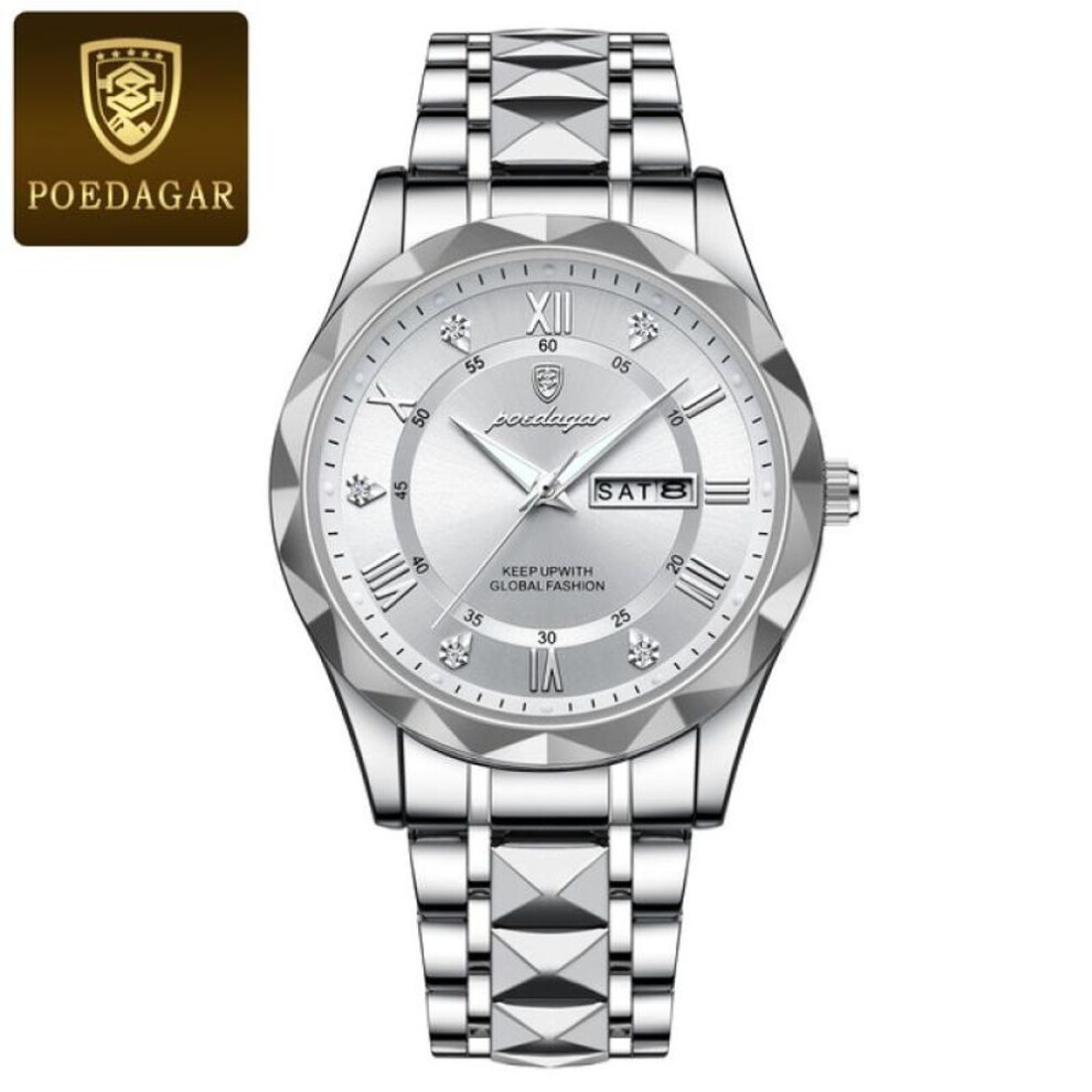 (silver,white) New Top Brand Luxury Man Wristwatch Waterproof Luminous Date Week Men Watches Stainless Steel Quartz Men's Watch Male