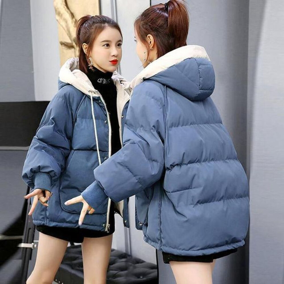 (blue, XL) Winter Warm Hooded Coat Women New Solid Loose Down Cotton Jacket Ladies White Casual Slim Quilted Windproof Parka Outwear