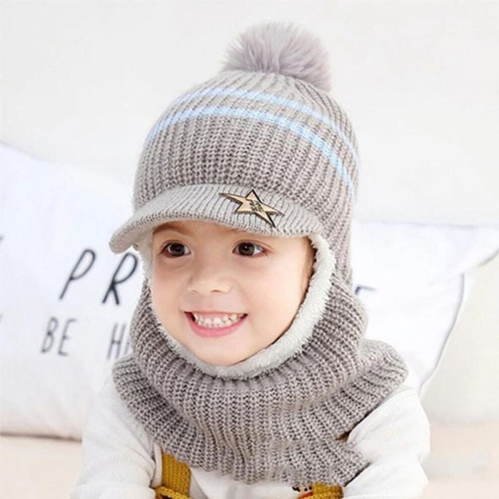 (grey) Winter Children Knitted Hats Baby Boy Girls Cap Wool Hat Face Scarf Baby Hat Keep Warm Hat For Kids