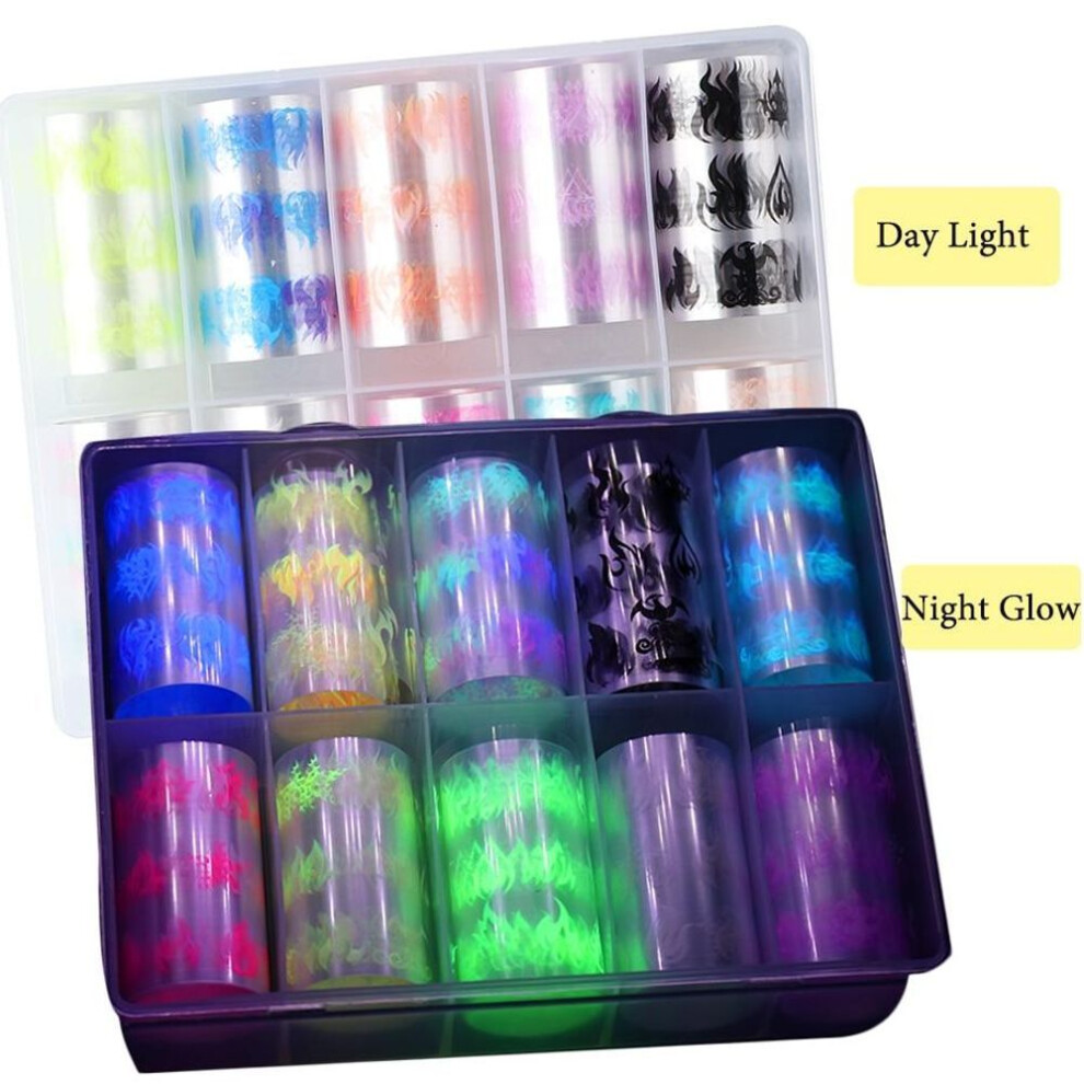 (10pcs) 10 Roll/box Luminous Fire Flame Pattern Nail Foil Nail Art Transfer Sticker Decal Starry Paper Decoration