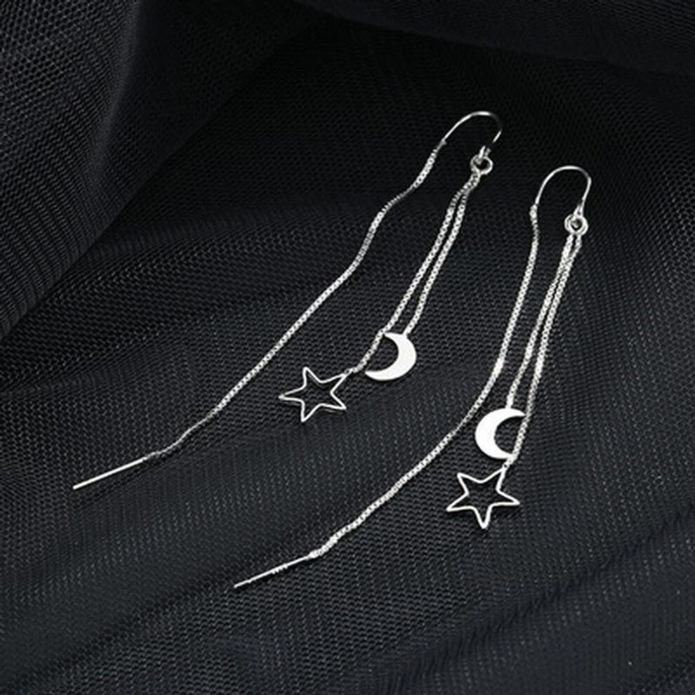 (silver) Thin And Long Ear Chain Earrings Female Style Tassel Hollow Star Moon Earth Line Trend