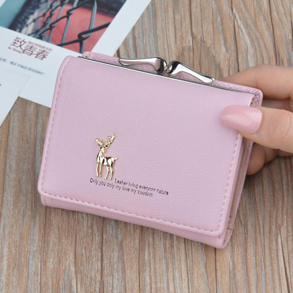 (pink) Leather Short Women Wallet Brief Design 3 Fold Mini Money Clip Cute Girls Fashion Pocket Coin Purse