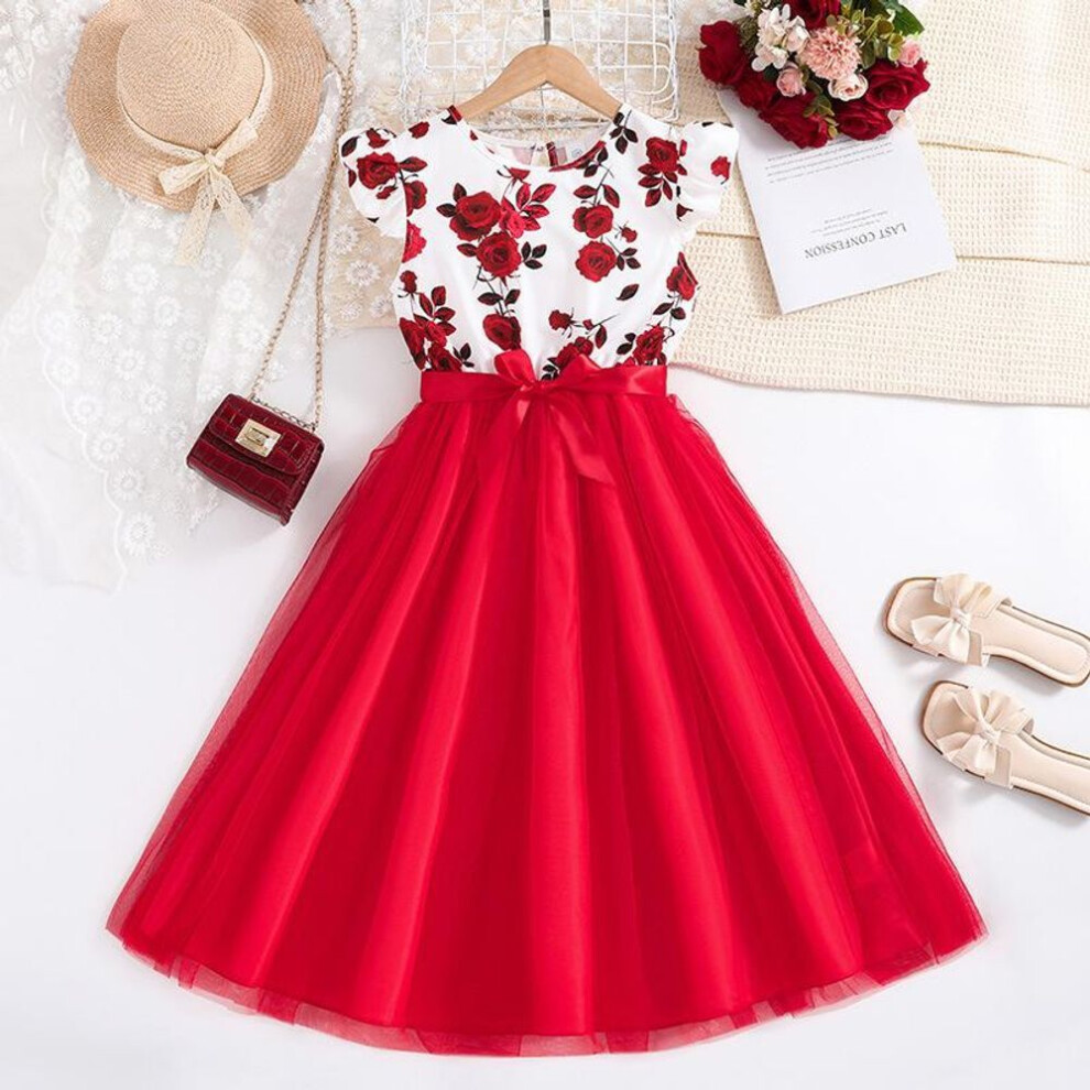 (red, 130cm) Spring/summer Girls&apos; Clothing 8-12 Year Old New Girl&apos;s Fashionable Flying Sleeves Princess Dress Children&apos;s Dress