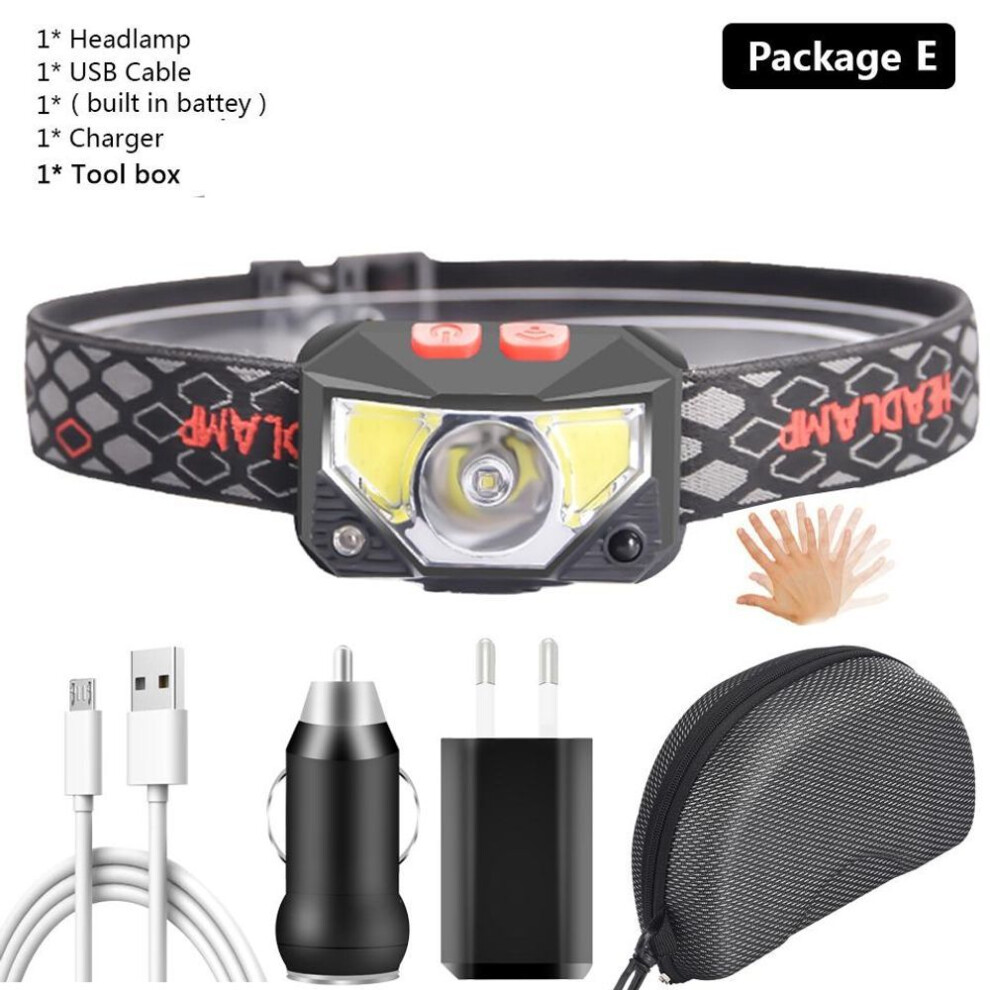 (Package E) Led Headlamp Sensor Xp-g Q5 Built In Battery Head Flashlight Lamp Headlight Bulbs Lights Running Waterproof White Red Color