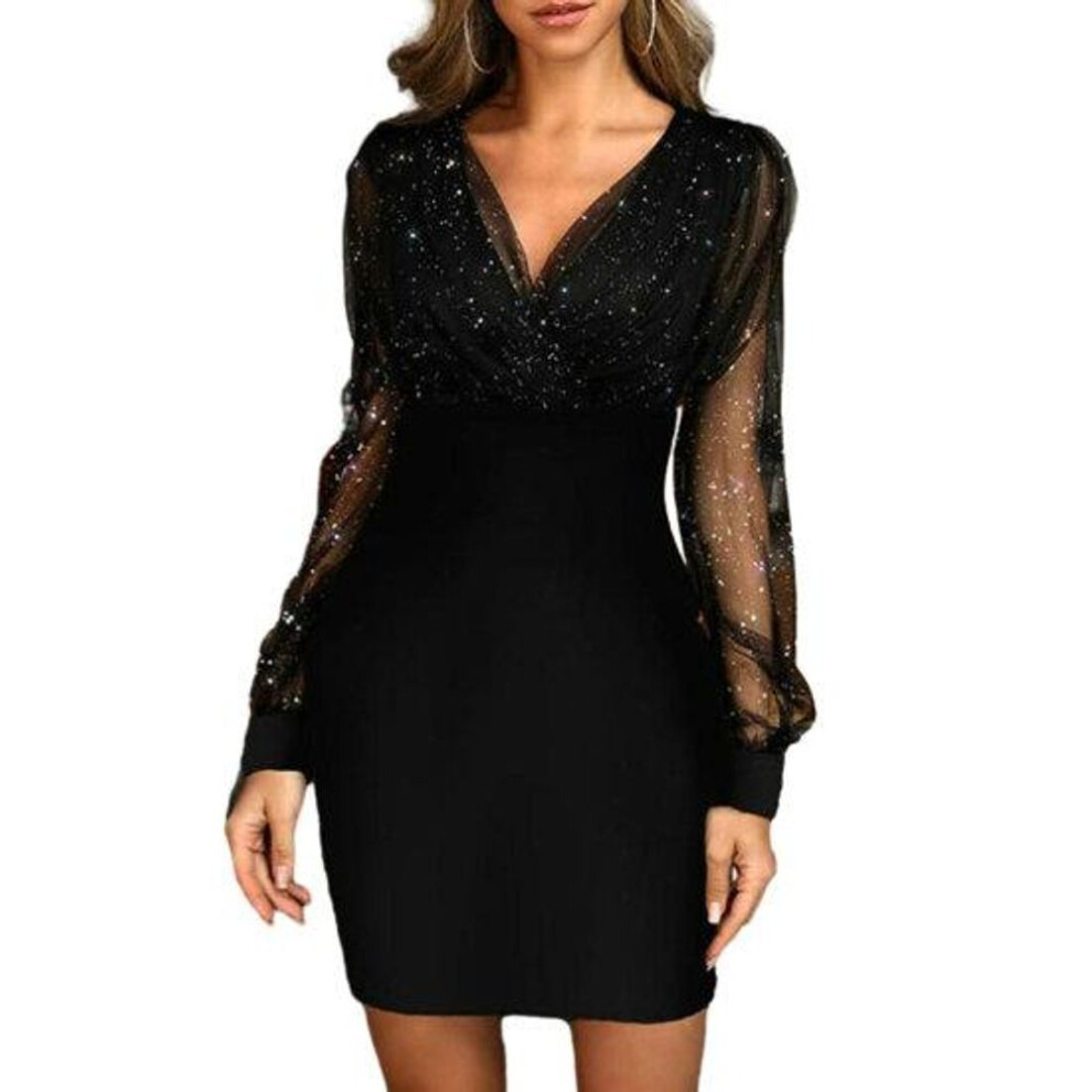 (black, S) Women Evening Dress V Neck See-through Mesh Patchwork Long Sleeve Shiny Slim Fit Tight Waist Sheath Solid Color Party Prom Mini Dress