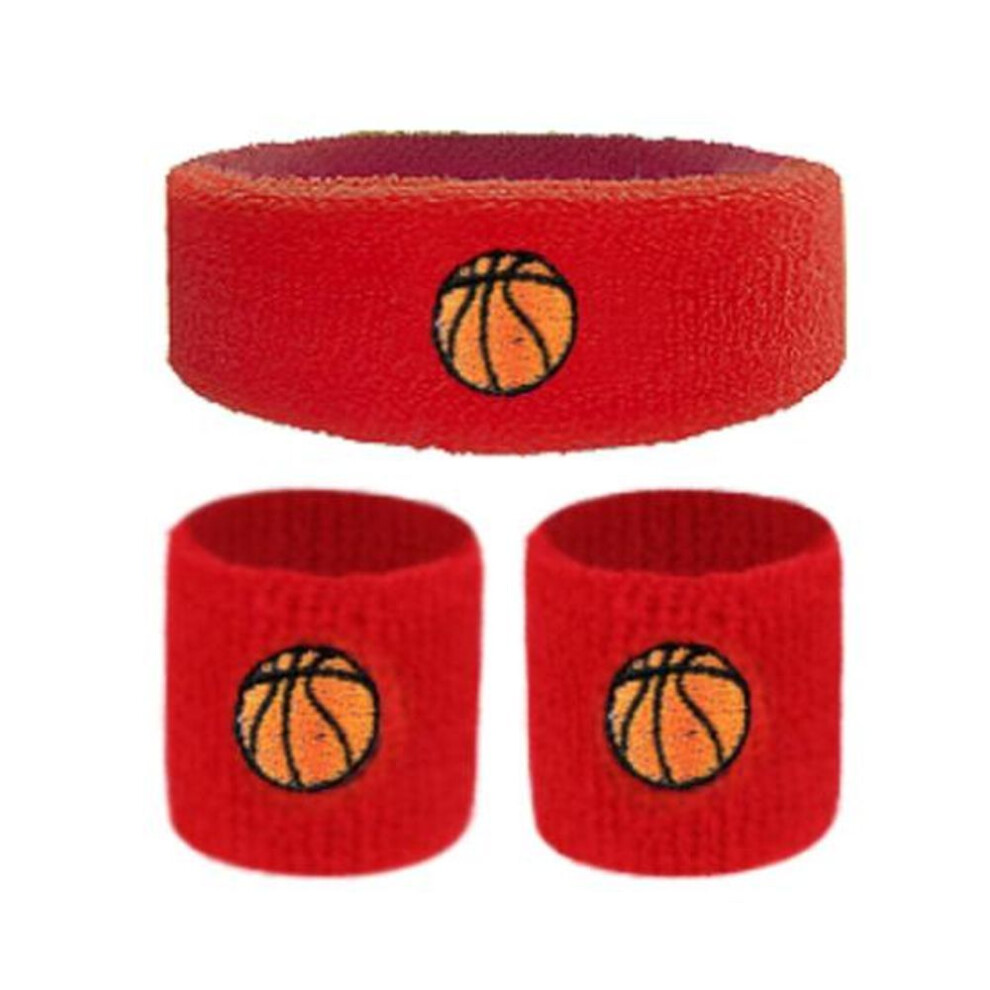 (red) 1 Set Kids Sports Headband Wristband Ball Embroidery Stretch Breathable Sweat Absorbing Boys Girls Knitted Basketball Volleyball Wrist Protector
