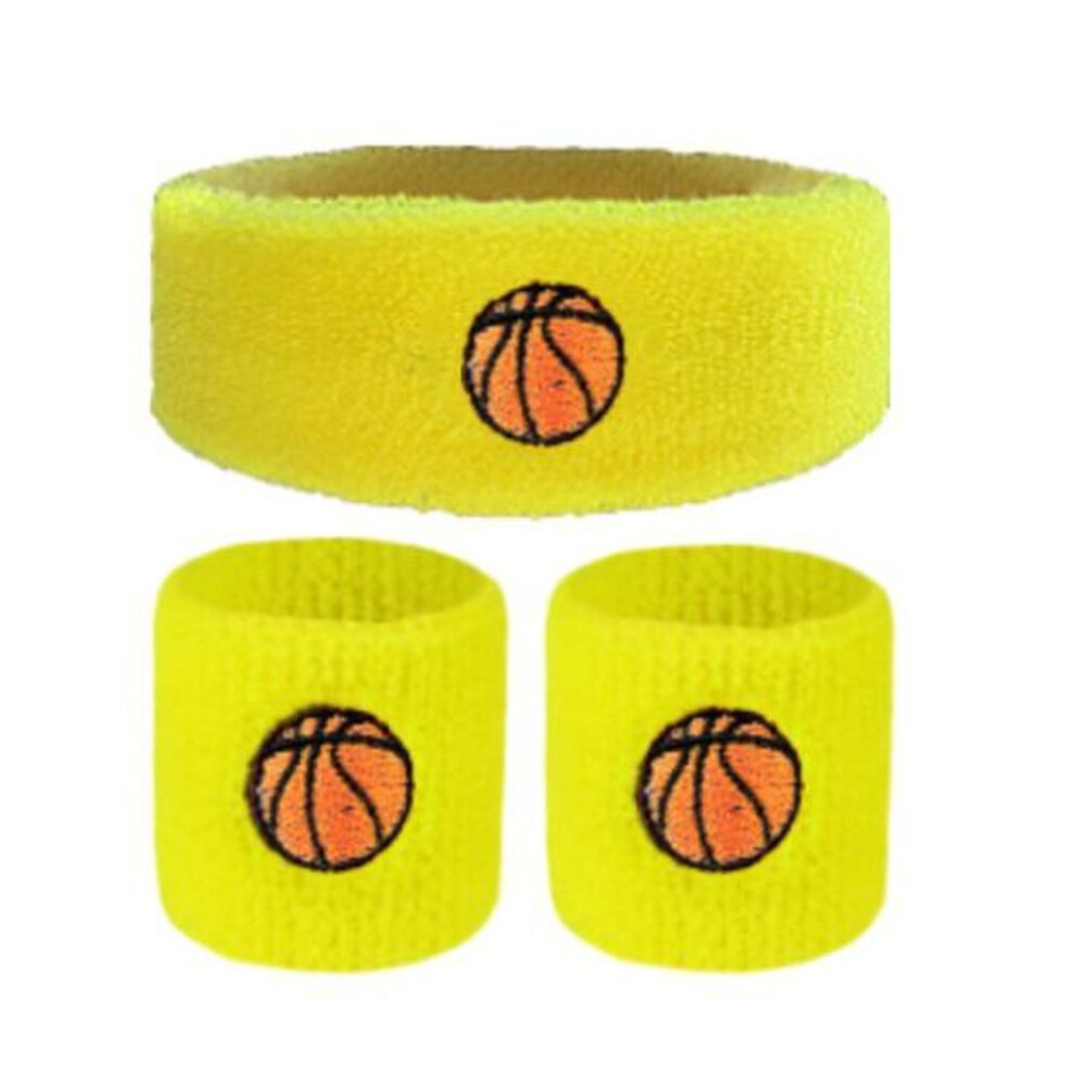 (yellow) 1 Set Kids Sports Headband Wristband Ball Embroidery Stretch Breathable Sweat Absorbing Boys Girls Knitted Basketball Volleyball Wrist Protector