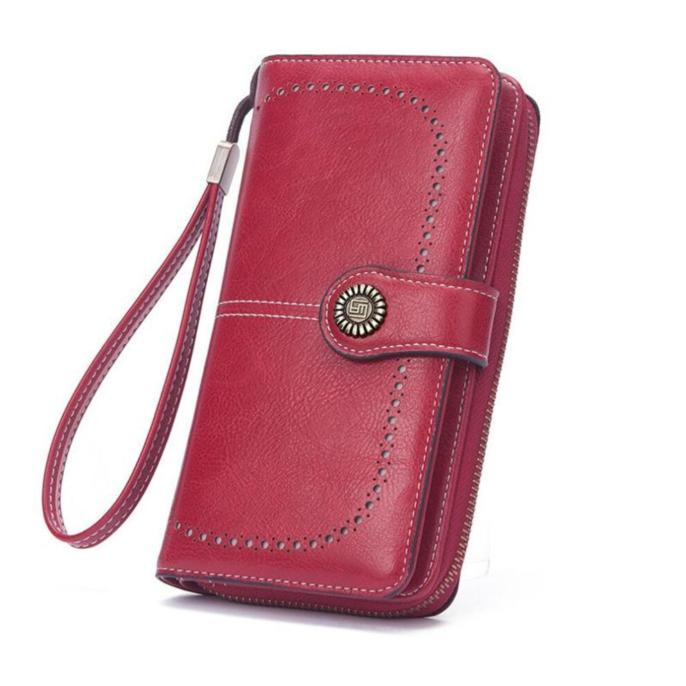 (wine red) Genuine Leather Women Wallet Long Multi-Card Holder Large Capacity RFID Wallet for Women Mobile Phone Purse