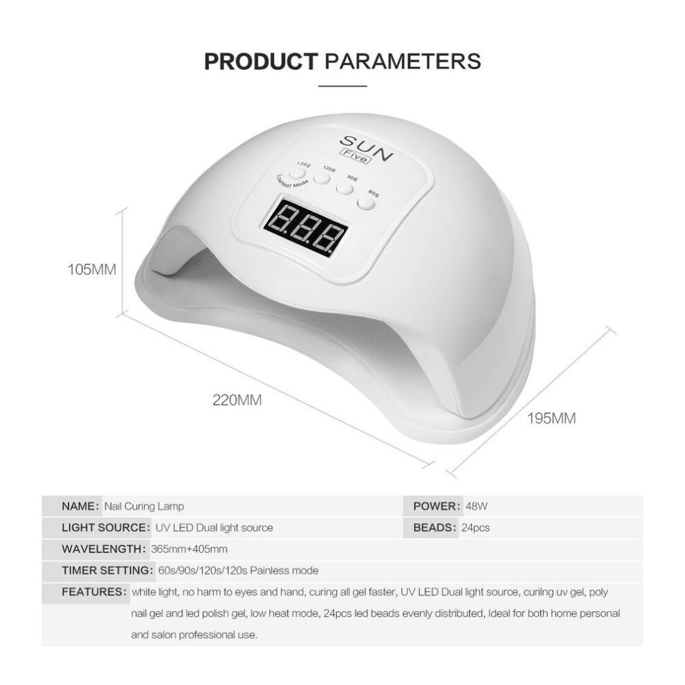 (white, USB) Phoenixy Sun5 Uv Led Lamp Nail Dryer, With Auto Sensor, Lcd Display, 48 Led Nail Dryer Lamp, For Manicure Gel