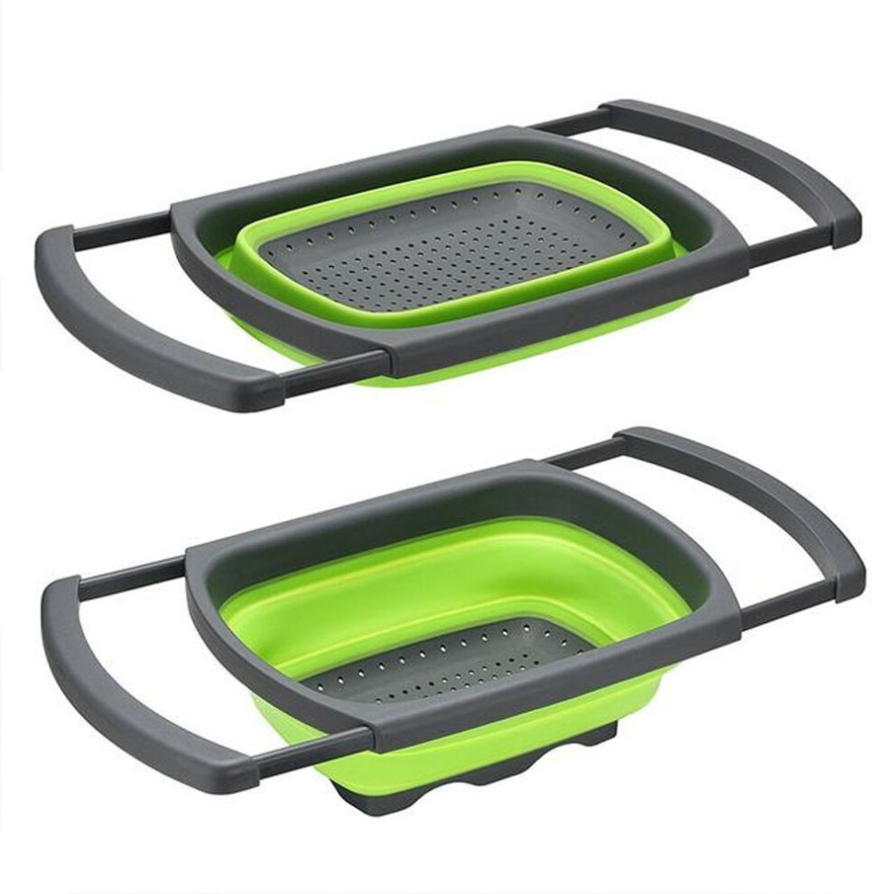 (green) Kitchen Colander Fruit Vegetable Washing Basket Foldable Strainer Collapsible Drainer Over The Sink Adjustable Silicone Tools