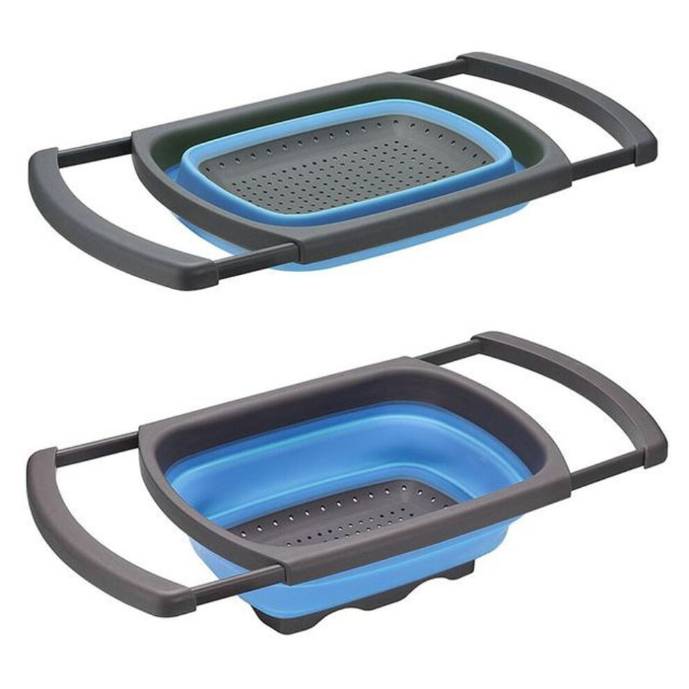 (blue) Kitchen Colander Fruit Vegetable Washing Basket Foldable Strainer Collapsible Drainer Over The Sink Adjustable Silicone Tools