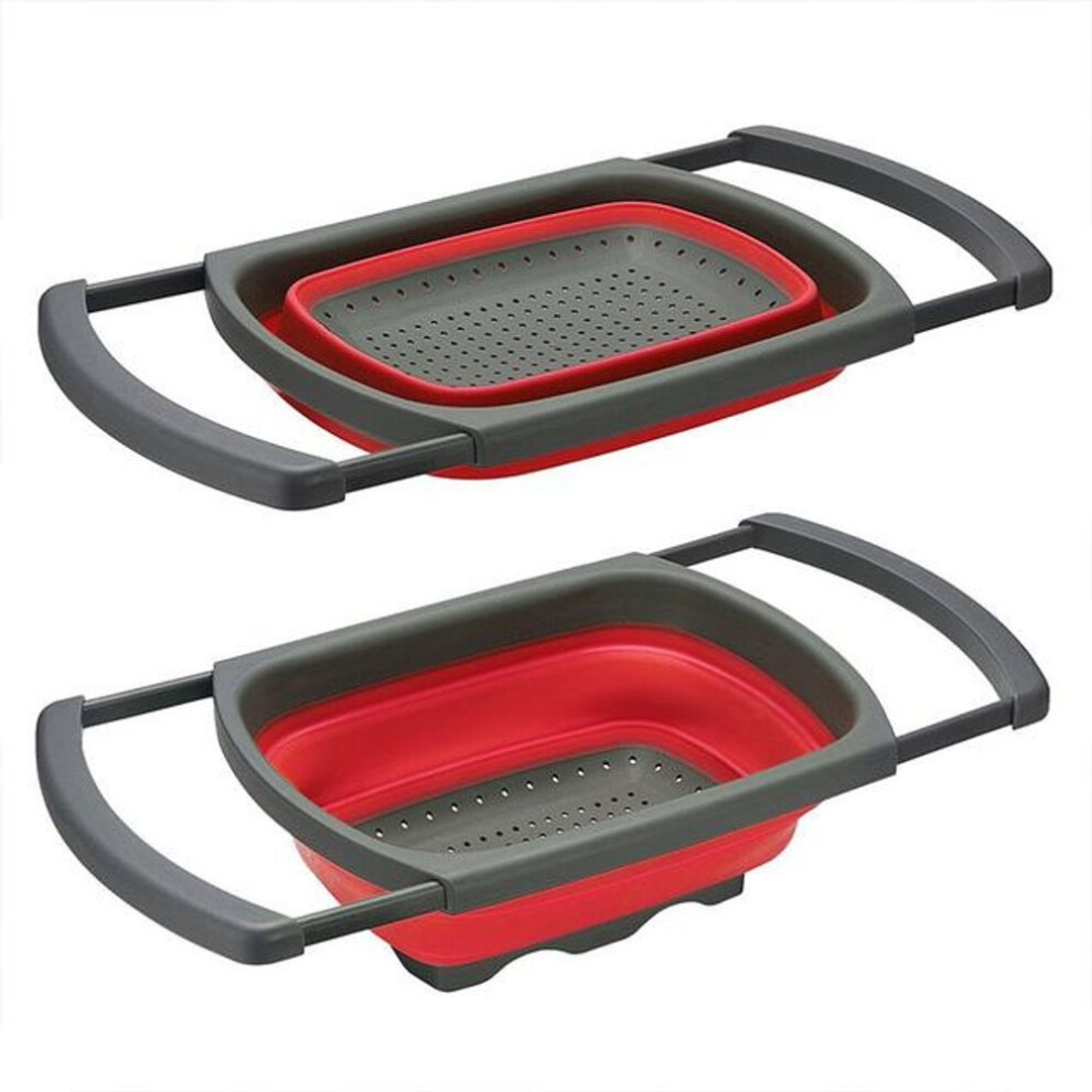 (red) Kitchen Colander Fruit Vegetable Washing Basket Foldable Strainer Collapsible Drainer Over The Sink Adjustable Silicone Tools