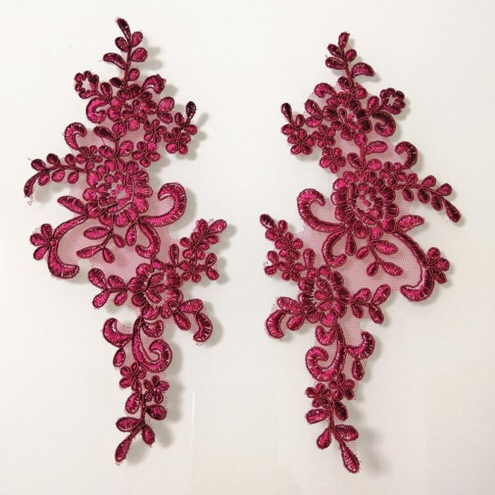 (burgundy) 1pair Dress Decoration Diy Patches Lace Applique Flower Embroidered Fabric Craft Sewing Motif