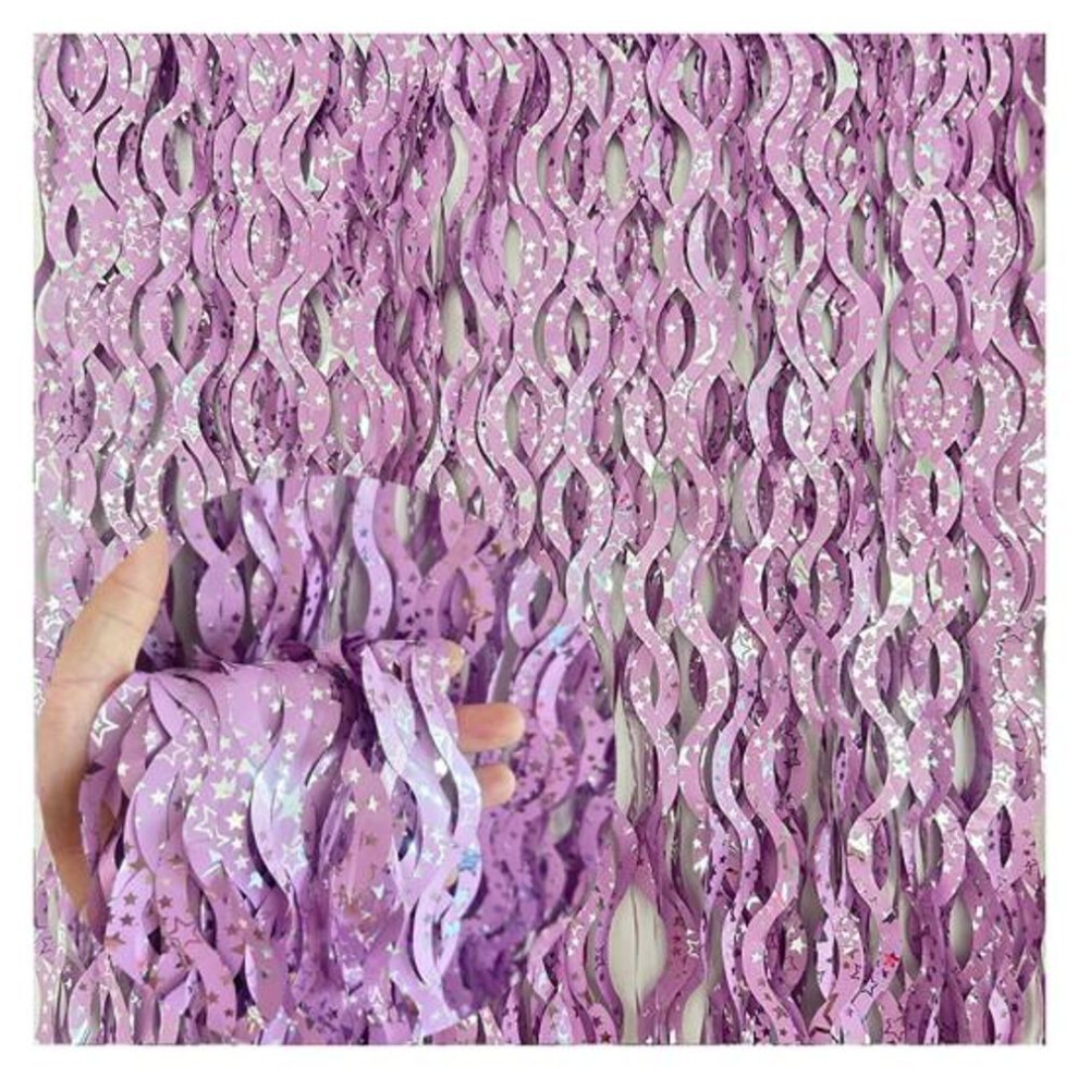 (purple) 3pcs Wavy Tinsel Foil Fringe Rain Curtain Star Print Wave Shape Rain Curtain Photo Booth Props Mermaid Birthday Party Decorations