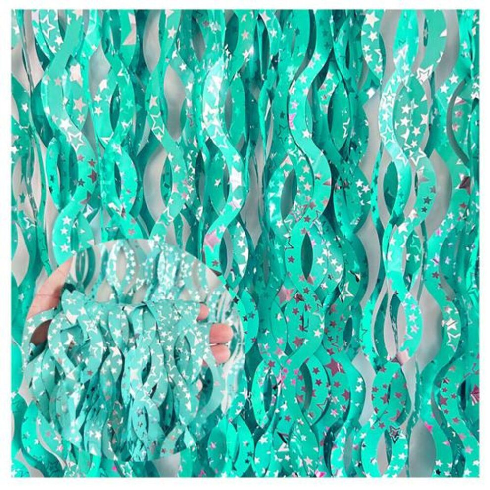(green) 3pcs Wavy Tinsel Foil Fringe Rain Curtain Star Print Wave Shape Rain Curtain Photo Booth Props Mermaid Birthday Party Decorations