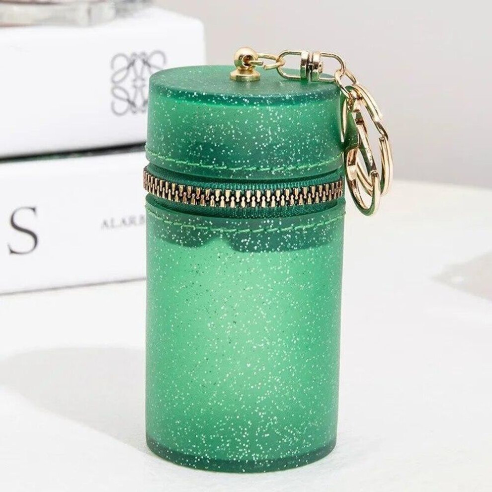 (green) New Cylindrical Mini Lipstick Bag Candy Color Fine Glitter Zipper Coin Bag With Keychain Portable Lip Gloss Organizer Pouch