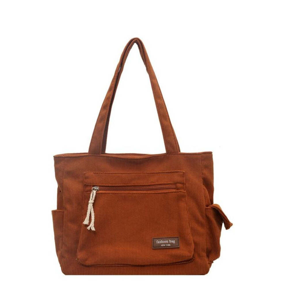 (brown) Simple Corduroy Tote Bag, Solid Color Shoulder Bag, Retro Multi Pockets Handbag For School Work Shopping