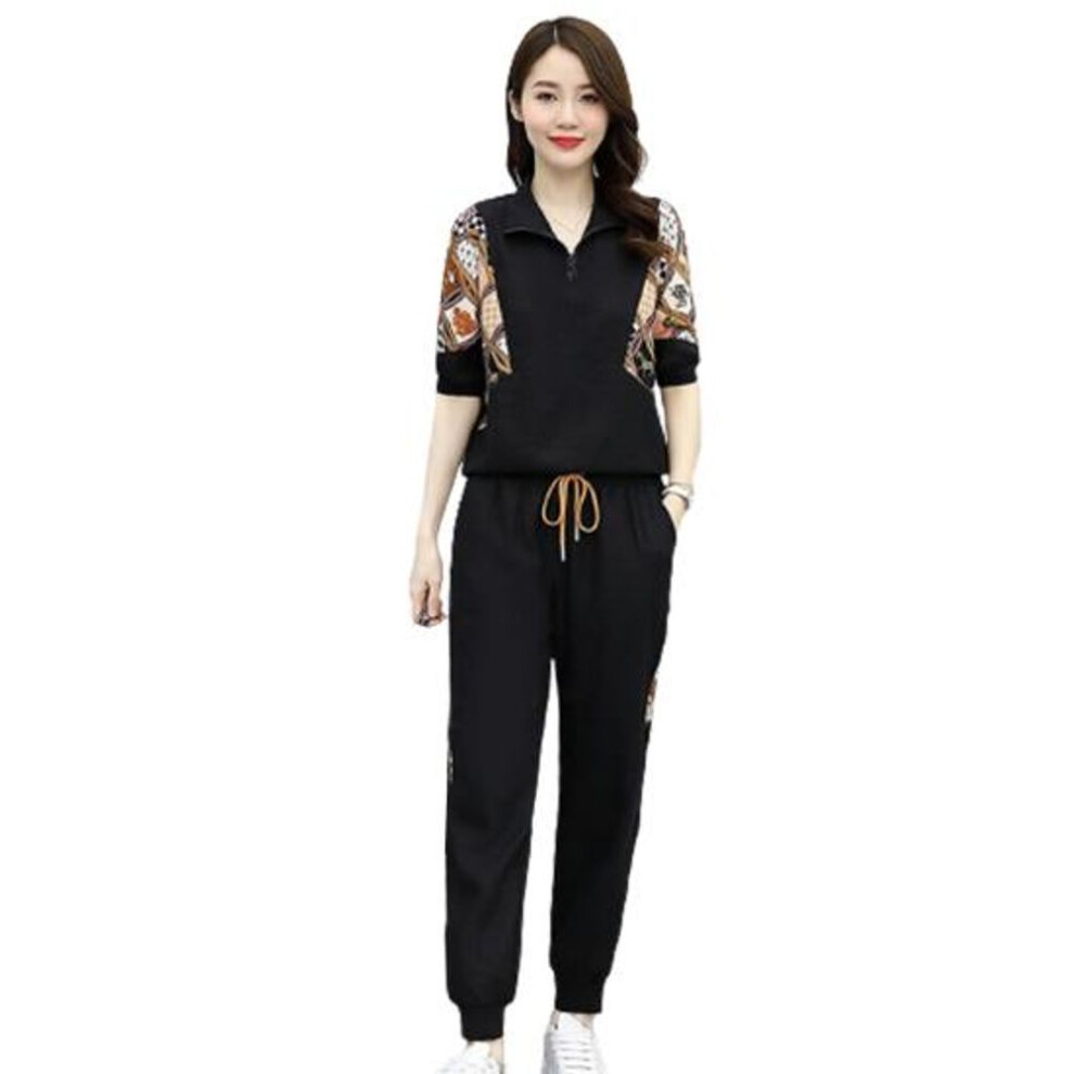 (black, XL) 2 Pcs/set Women Sweatshirt Pants Suit Zipper Turn-down Collar Printed Long Sleeve Ankle-banded Drawstring Plus Size Women Top Trousers Set Tracksuit