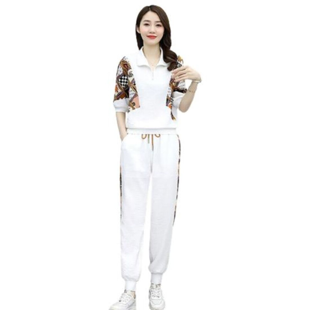 (white, 2XL) 2 Pcs/Set Women Sweatshirt Pants Suit Zipper Turn-down Collar Printed Long Sleeve Ankle-banded Drawstring Plus Size Women Top Trousers Set Tracksuit