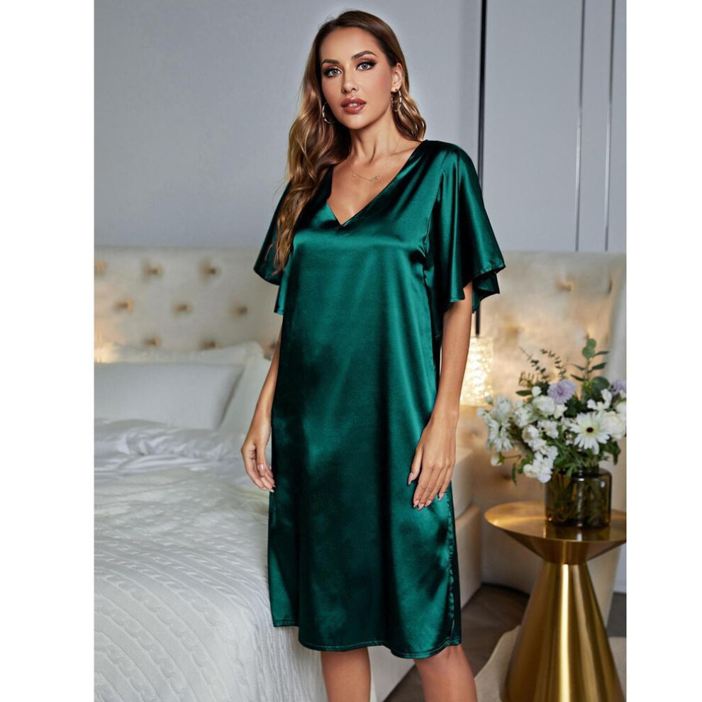 (green, M) Women's Pajamas Satin V Neck Nightgown Short Sleeves Loose Sleeping Dress Summer Comfy Casual Home Lounge Wear