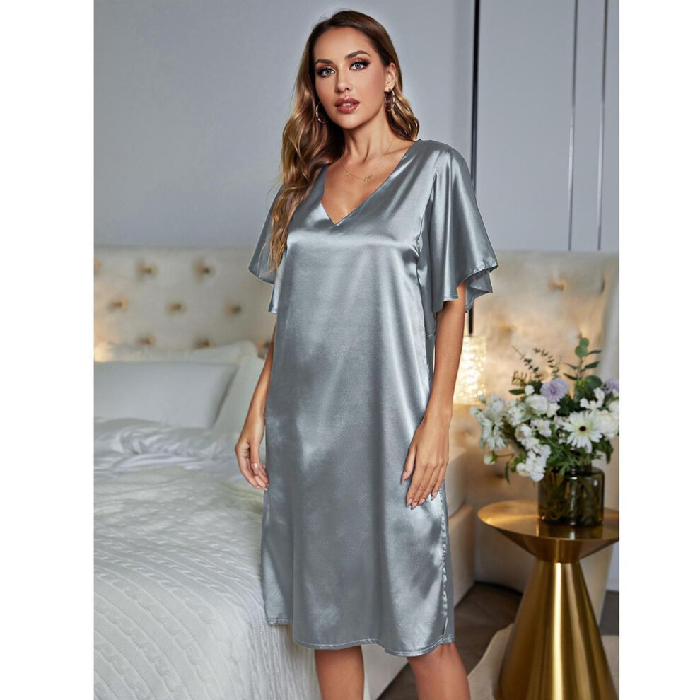 (silver, XL) Women's Pajamas Satin V Neck Nightgown Short Sleeves Loose Sleeping Dress Summer Comfy Casual Home Lounge Wear