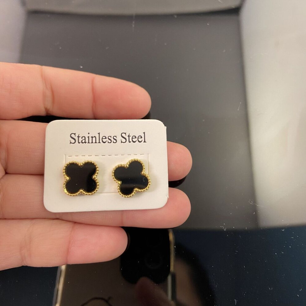 (Black) Fade Resistant Titanium Steel Four-Leaf Clover Earrings Allergy Proof 18 K Gold High-Grade Earrings, The Best Gift For Friends Black,Gold