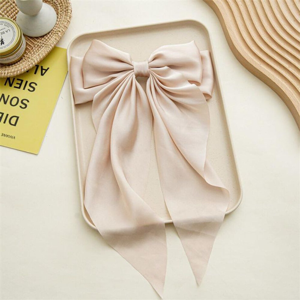 (champagne) 12 Solid Color Satin Ribbon Big Bows Hairpin Spring Clips Hair Accessories For Women Girls Trendy Korean Summer Headwear