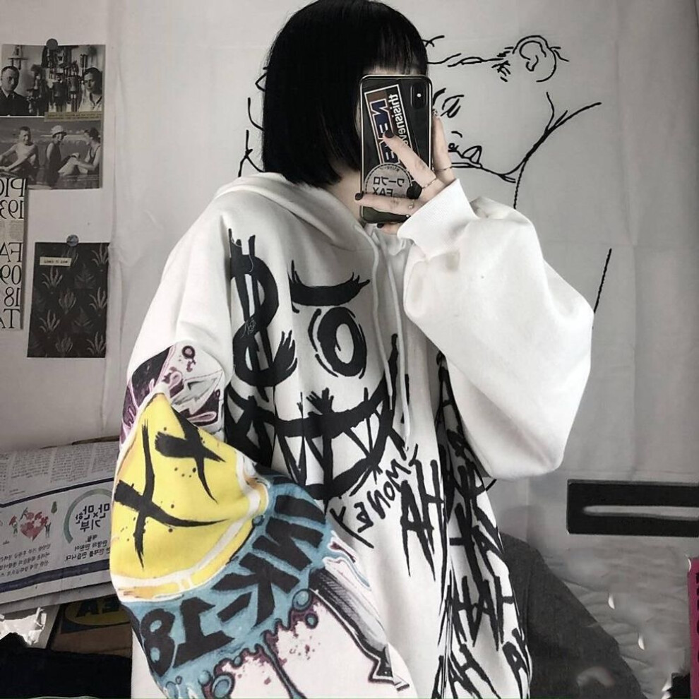 (white, M) Gothic Cartoon Hip Hop Hoodies Women Japanese Funny Punk Oversize Hooded Sweatshirts Autumn Long Sleeve Female Hoodie Tops